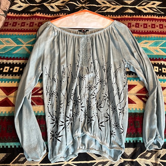 Blue Flowy blouse with black flowers - Picture 1 of 2